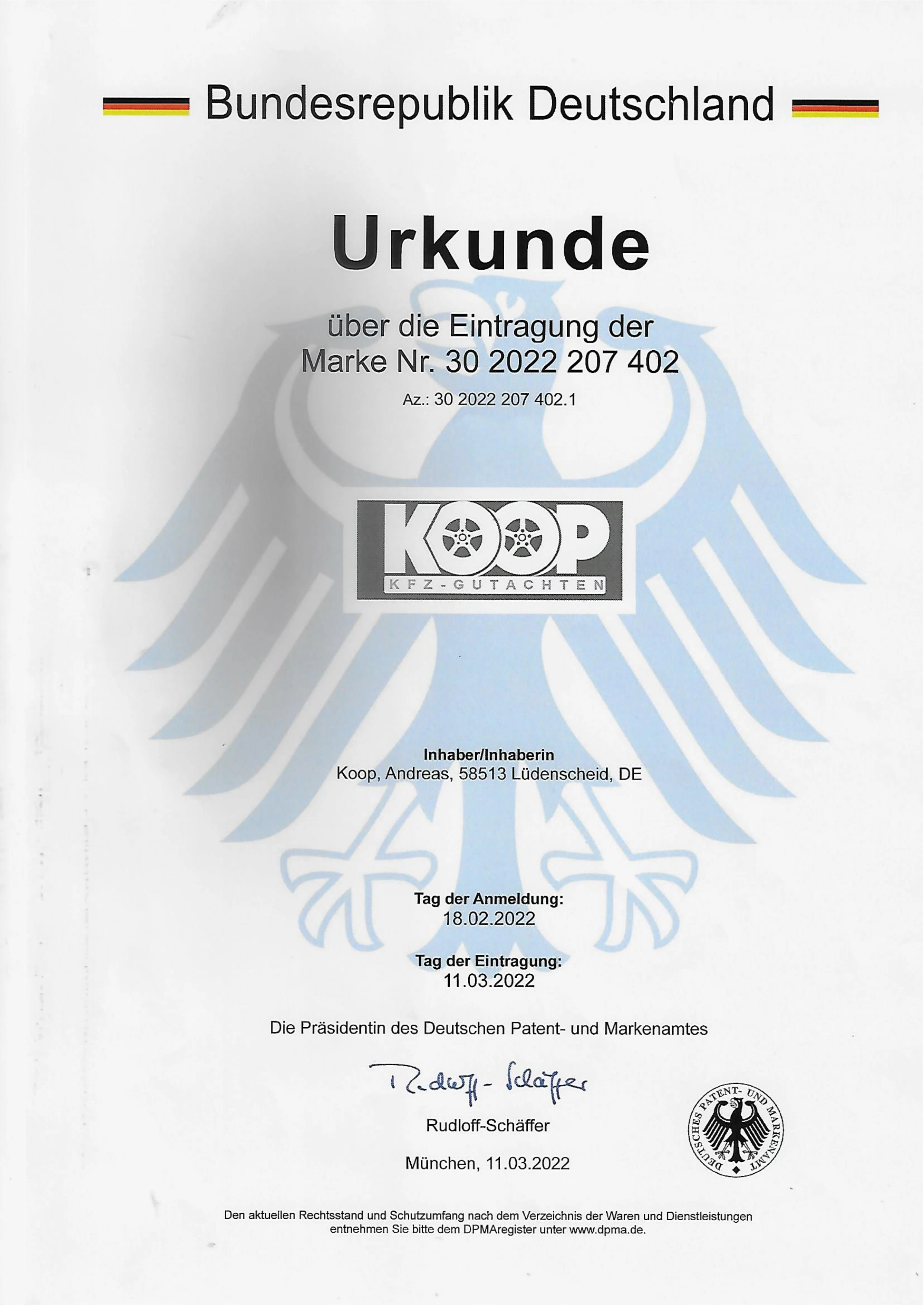 Markenurkunde KOOP KFZ-GUTACHTEN – DPMA